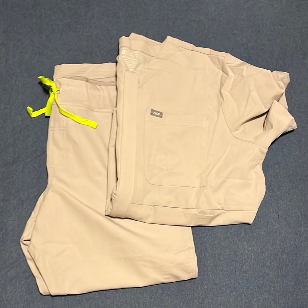 Beige Scrub Pants with Neon Yellow Drawstring